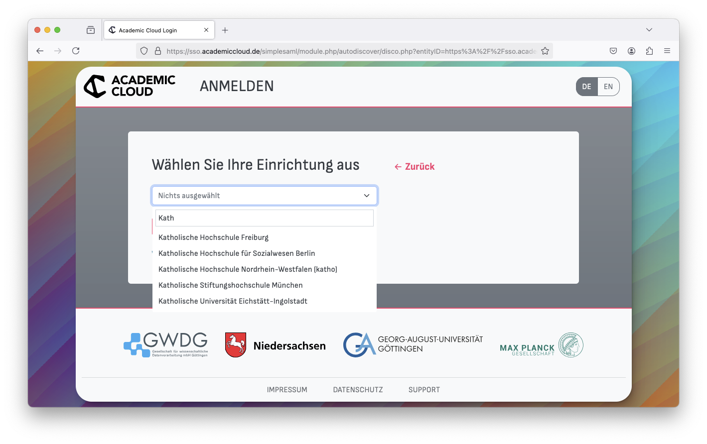 Academic Cloud - Academic ID - Login Shibboleth 2