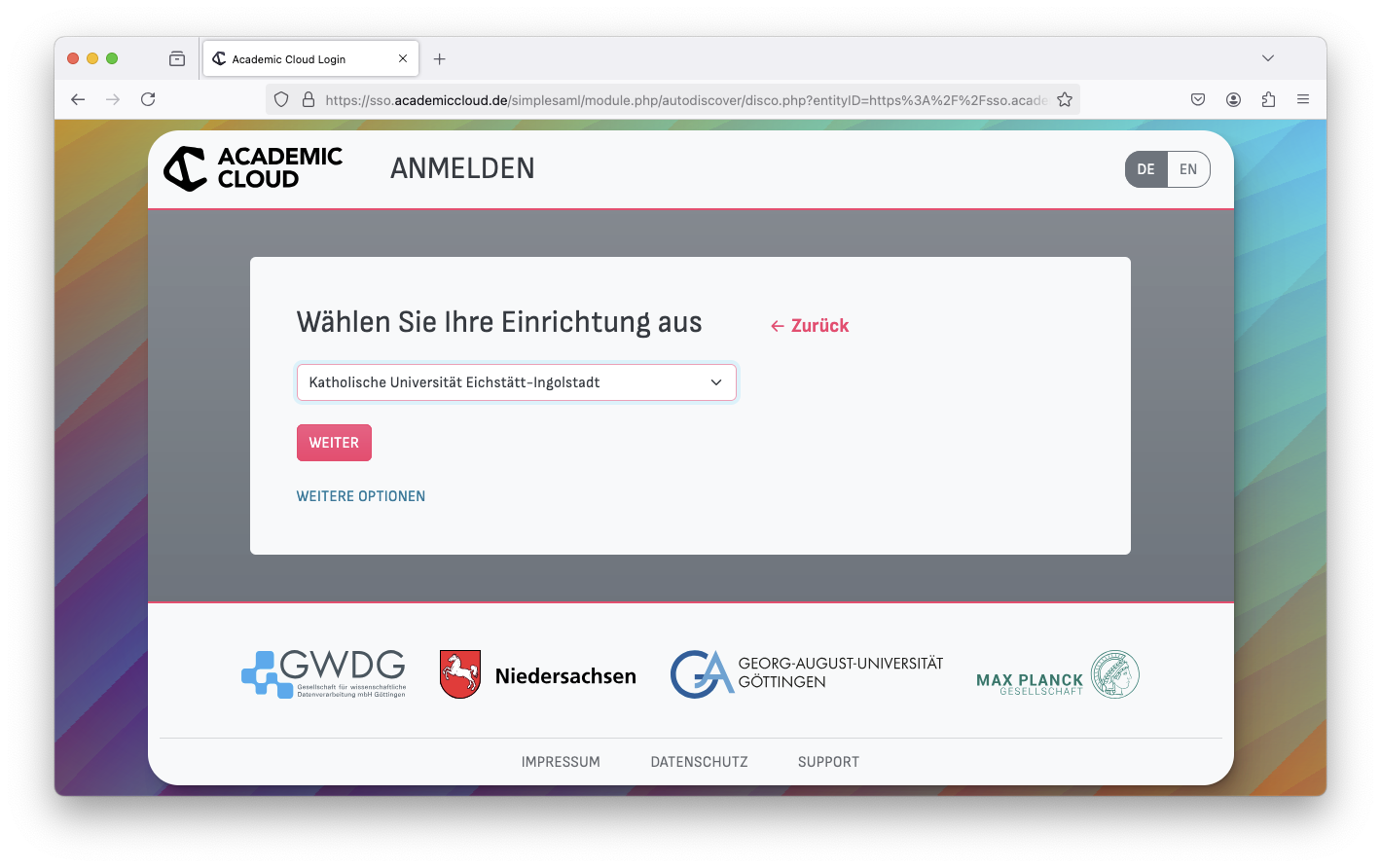 Academic Cloud - Academic ID - Login Shibboleth 3