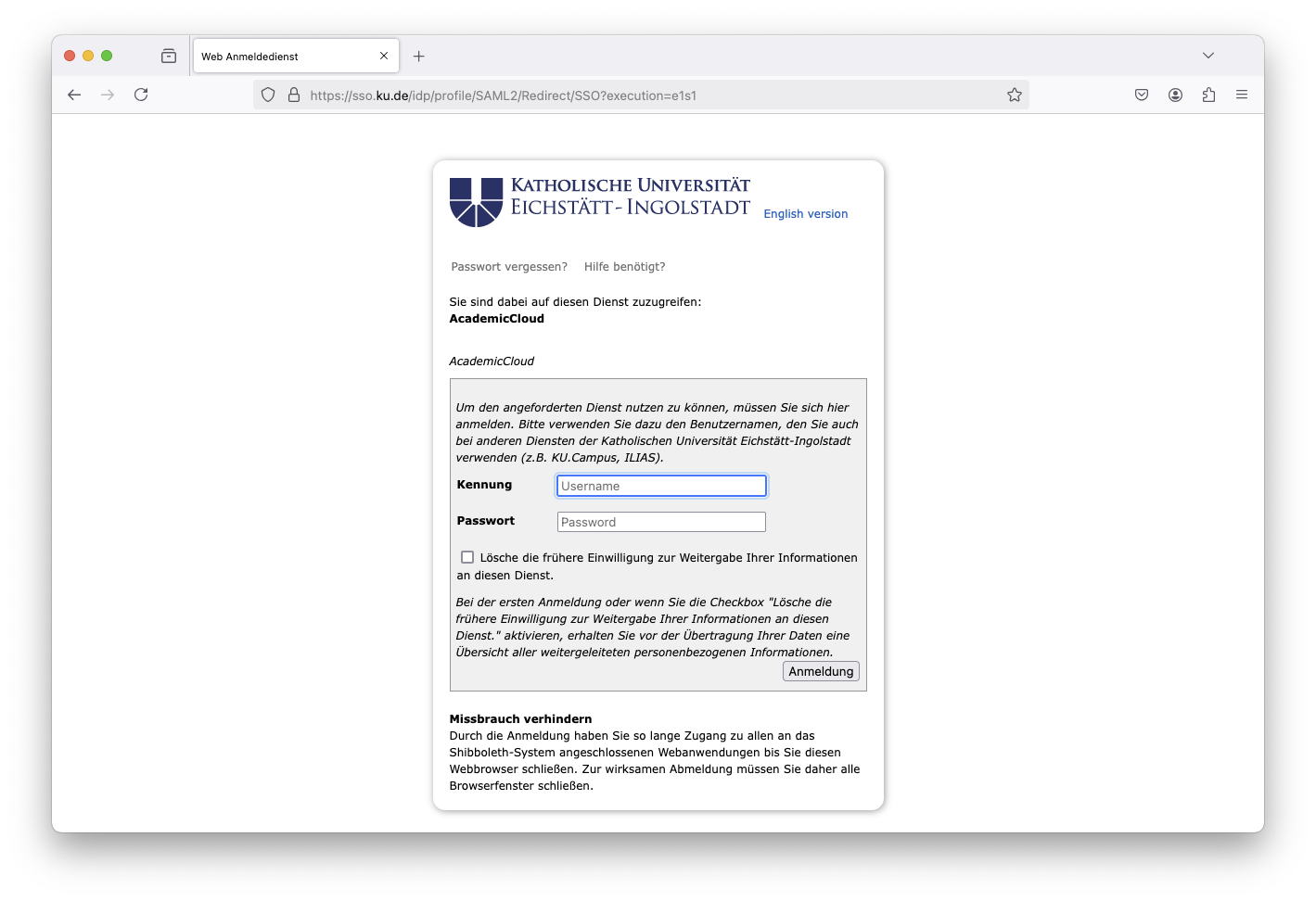 Academic Cloud - Academic ID - Login Shibboleth 4