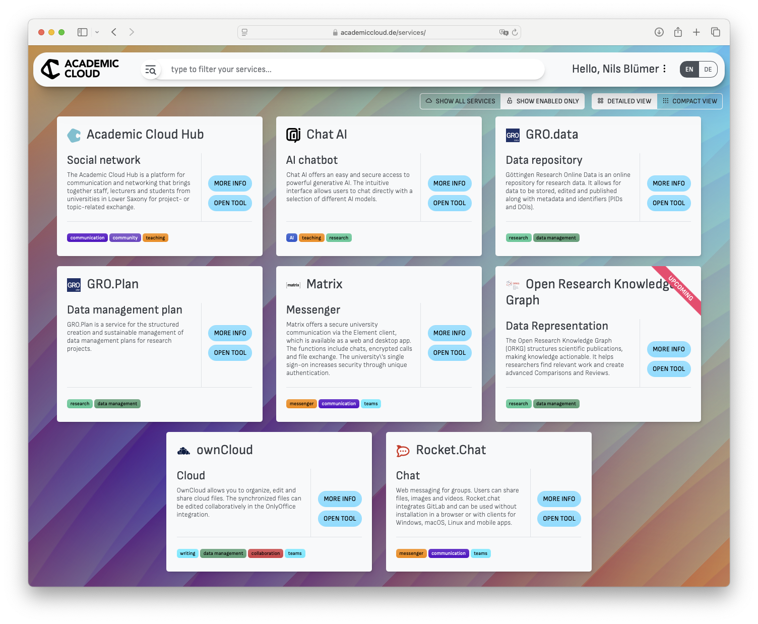 Menü Academic - Services extern
