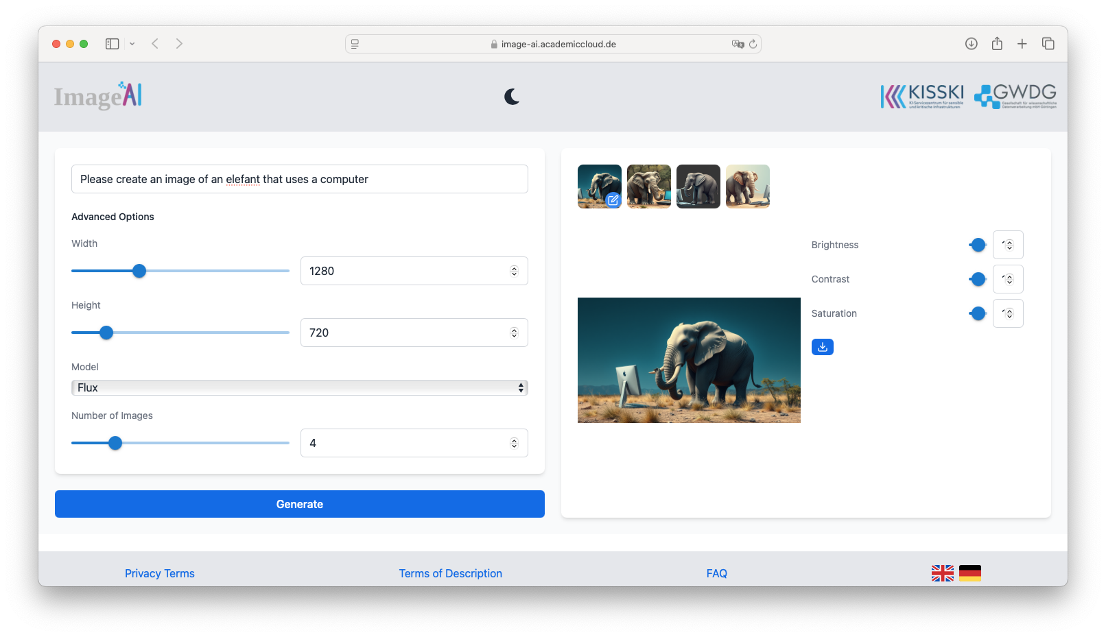 GWDG Bildgenerator Image AI - Beispiel Elefant