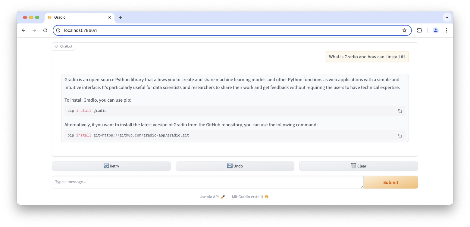 Gradio Chatinterface - Eingabe + Antwort