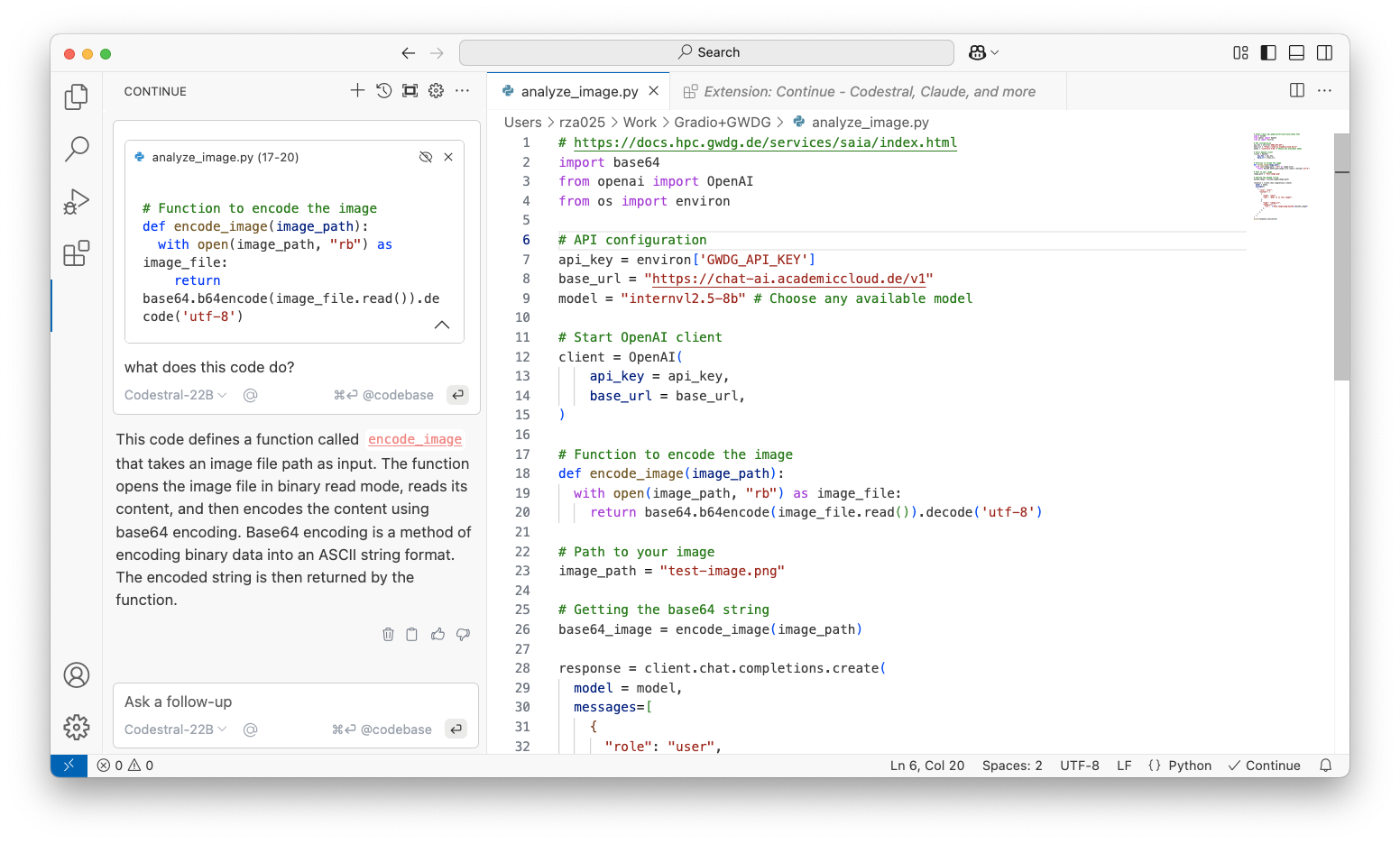 VS Code mit Extension Continue + Codestral - Beispiel